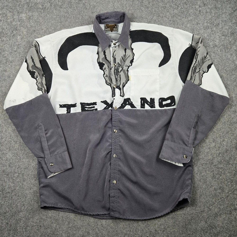 West Tex‎ Texano Western Shirt Mens Large White Gray Bull Skull Long Sleeve